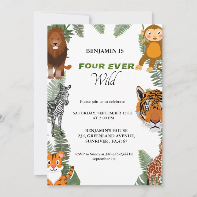 Invitación Cuatro salvajes fiestas de 4º cumpleaños de safari (Anverso)