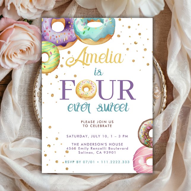 Invitación Cuatro Siempre Dulce Donut Sprinkle Dorado Cumplea (Subido por el creador)
