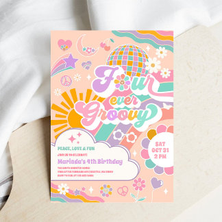 Invitación Cuatro Siempre Genial Arcoíris Disco Cumpleaños 4