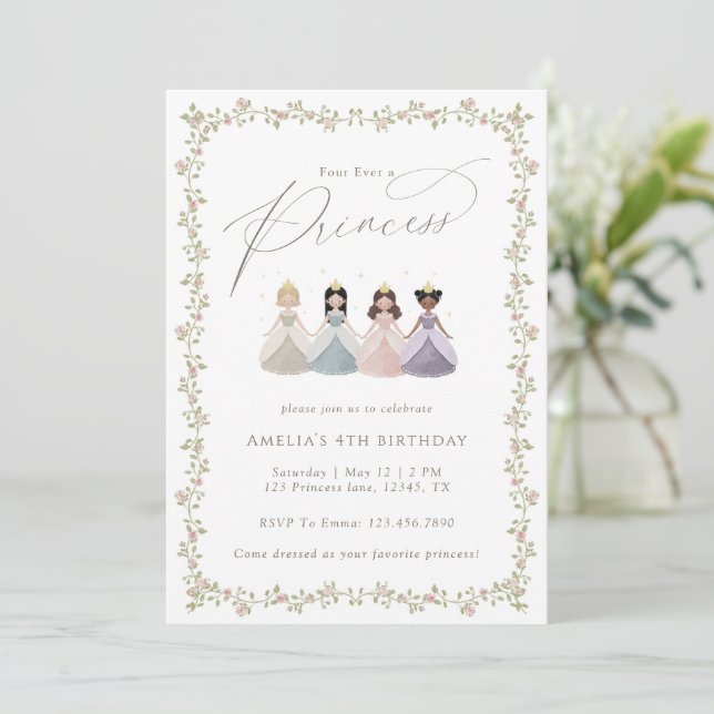 Invitación Cuatro Siempre una Princesa Fiesta de Cumpleaños d (Anverso de pie)
