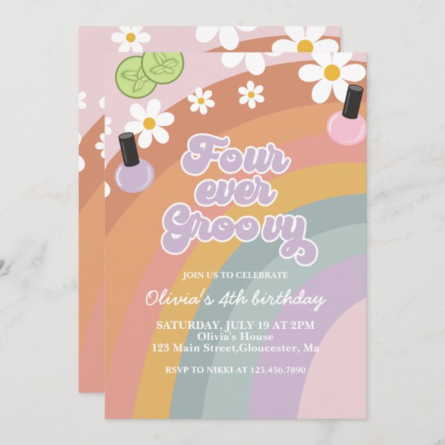 Invitación Cuatro Spa Groovy Arcoiris 4 cumpleaños (Anverso / Reverso)