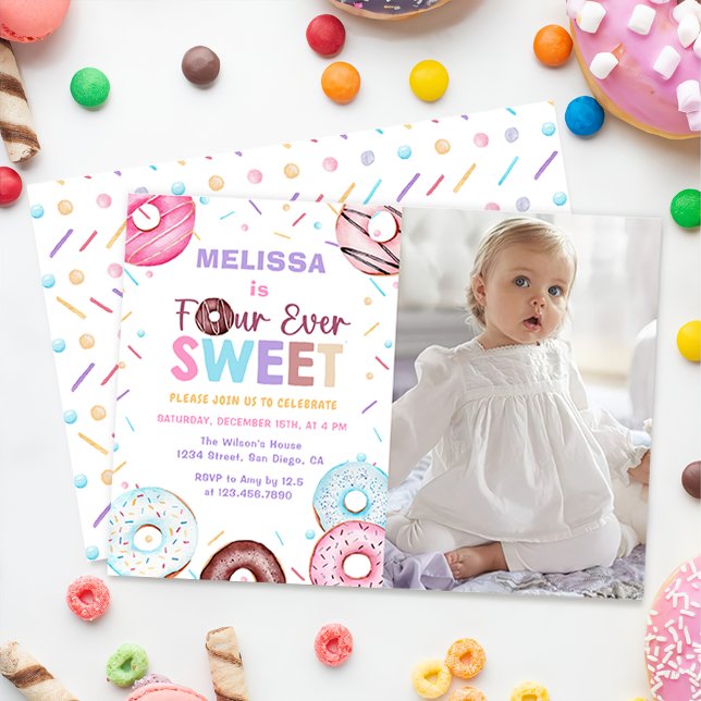 Invitación Cuatro veces dulces donut cuarto cumpleaños foto F (Subido por el creador)