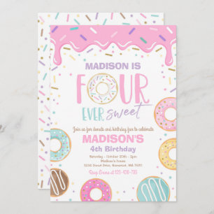 Invitación Cuatro veces dulces donut cuarto Fiesta de cumplea