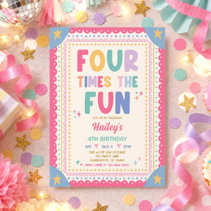 Invitación Cuatro Veces El Cumpleaños Divertido Niña 4º Cumpl