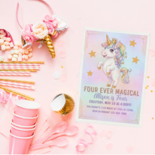 Invitación Cuatro veces mágico, cumpleaños 4 de Unicornio
