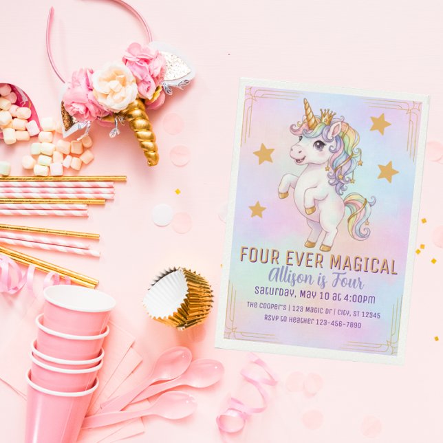 Invitación Cuatro veces mágico, cumpleaños 4 de Unicornio (Subido por el creador)