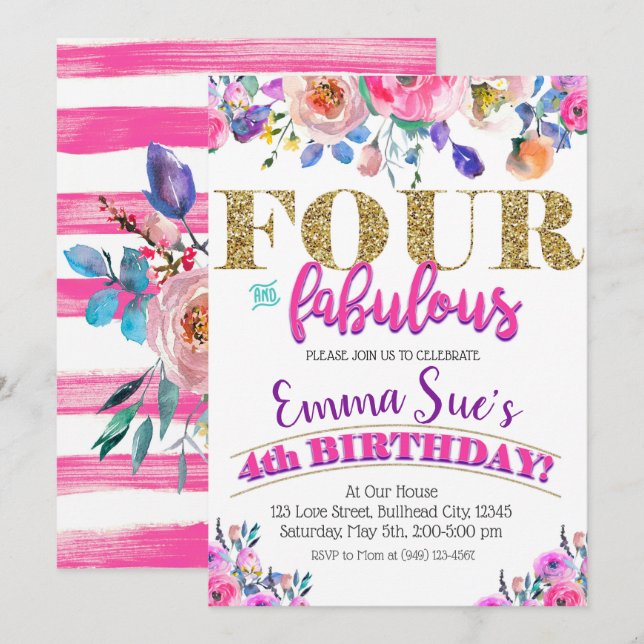 Invitación Cuatro y fabulosos Chicas Floral Cuarto cumpleaños (Anverso / Reverso)