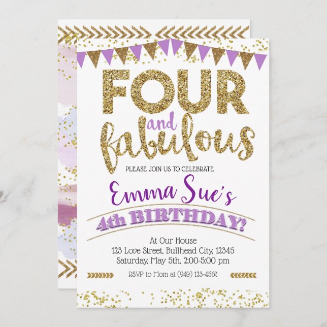 Invitación Cuatro y fabulosos Chicas Purple 4º cumpleaños (Anverso / Reverso)