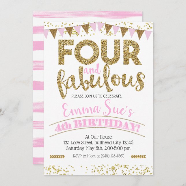 Invitación Cuatro y fabulosos Chicas Rosa y Oro cuarto cumple (Anverso / Reverso)