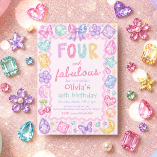 Invitación Cuatro y fabulosos Cumpleaños caprichoso de gemas 