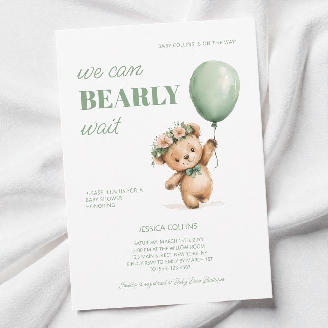 Invitación Cub Cub Sage Green Podemos Esperar Baby Shower (Cute Cub Sage Green We Can Bearly Wait Baby Shower Invitation)