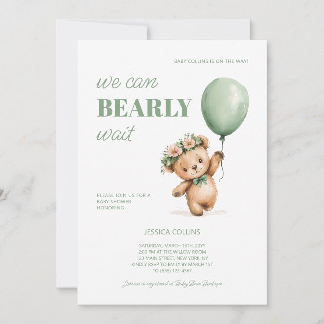Invitación Cub Cub Sage Green Podemos Esperar Baby Shower (Anverso)