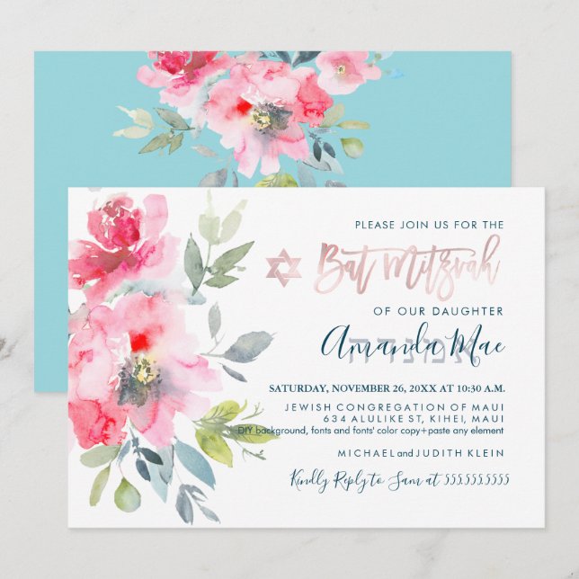 Invitación Cubeta de agua floral de PixDezines Mitzvah, Ombre (Anverso / Reverso)