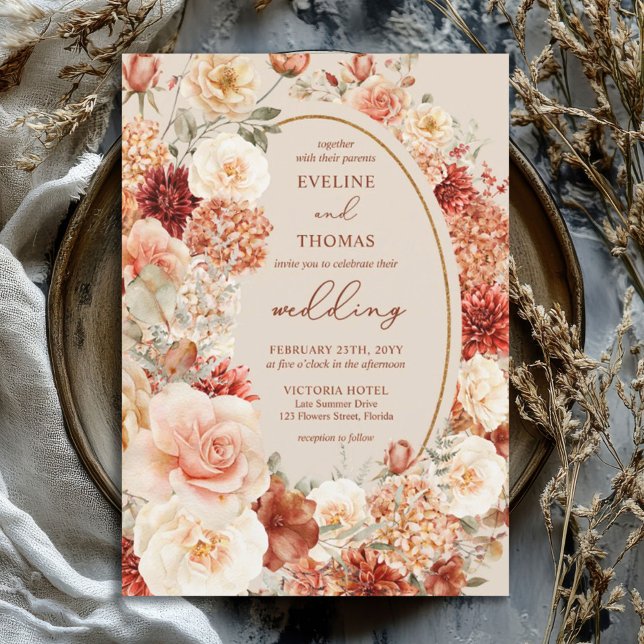 Invitación Cubierta acuática brillante terracota sabio floral (watercolor lush bouquet terracotta copper orange flowers gold frame wedding invitation)
