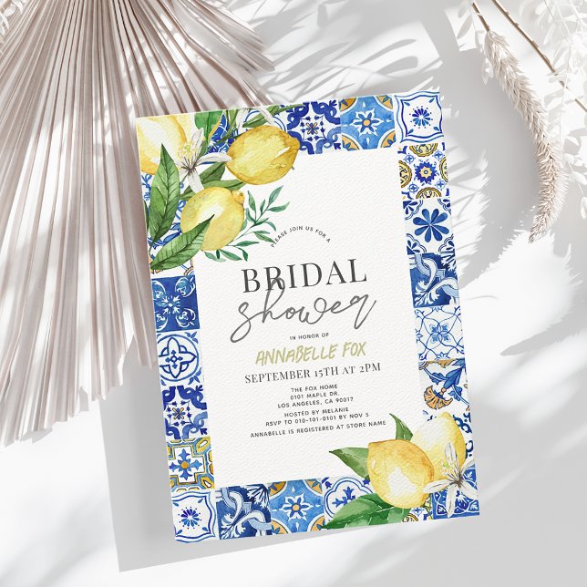 Invitación Cubierta azul mediterránea Citrus Lemon Bridal Duc (Subido por el creador)