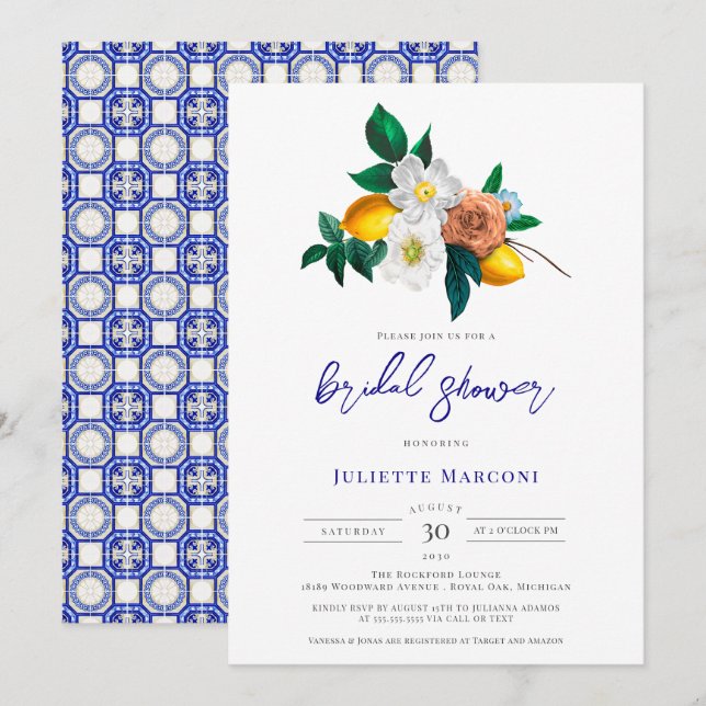 Invitación Cubierta azul mediterránea Floral Lemon Bridal Duc (Anverso / Reverso)