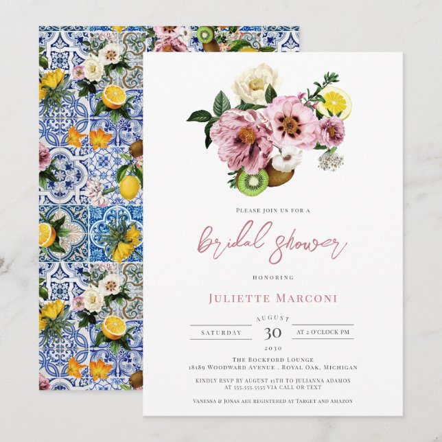 Invitación Cubierta azul mediterránea Floral Lemon Bridal Duc