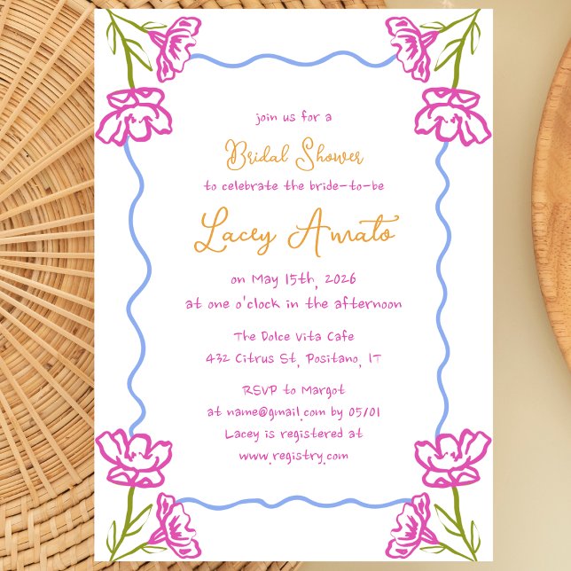 Invitación Cubierta de Bridal Bridal con Mano Mediterránea (Bougainvillea blooms & citrus vibes make this chic bridal shower invitation a Mediterranean dream!)