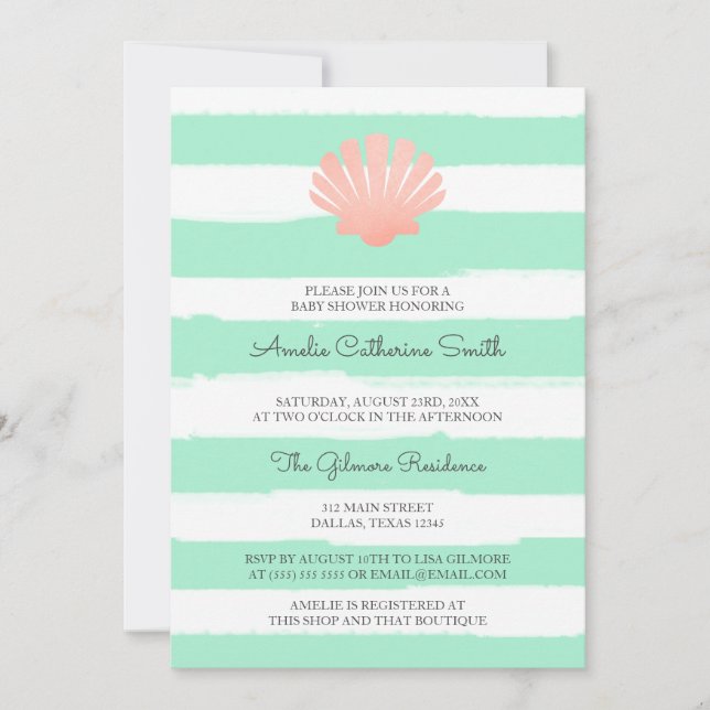 Invitación Cubierta de vieira| Coral y menta| Baby Shower (Anverso)