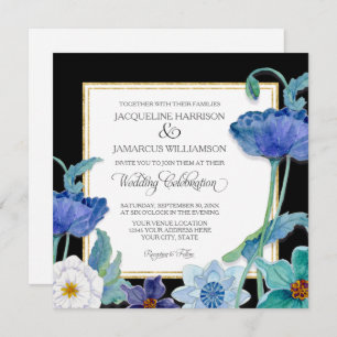 Invitación Cubierta floral azul negro y color blanco simple