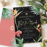 Invitación Cubierta tropical Mitzvah color de agua floral dor<br><div class="desc">Estar orgulloso, regocijarse y mostrar este hito de su Bat Mitzvah favorito con esta sofisticada y personalizada invitación! Elegantes, impresionantes, coloridas, aves acuáticas tropicales de flores del paraíso, escritura manuscrita de oro falsa, puntos Star of David y purpurinas, junto con modernos sans serif, superponen un fondo dramático y negro. Hojas...</div>