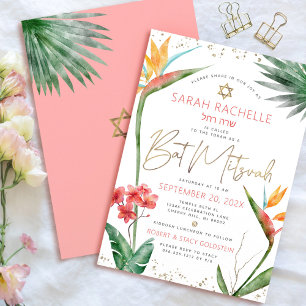 Invitación Cubierta tropical Mitzvah Dorado Script Floral acu