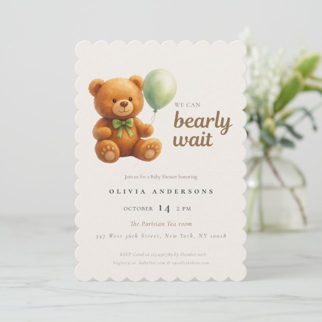 Invitación Cubo Adorable Podemos Esperar con Ansias Verde Beb (Anverso de pie)