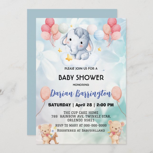 Invitación Cubo de elefante lindo oso ducha de bebé niños chi (Anverso / Reverso)