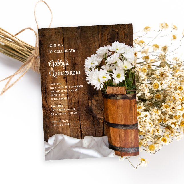 Invitación Cubo de madera White Daisies Quinceañera Barn Fies (Subido por el creador)