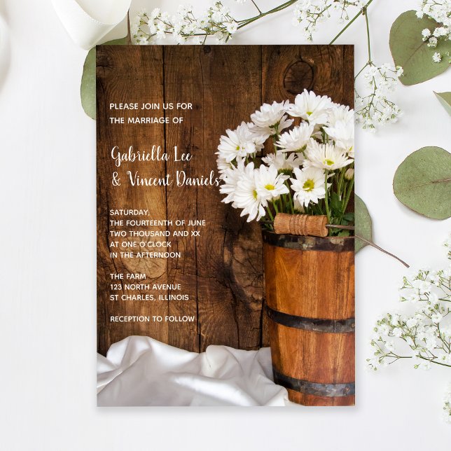 Invitación Cubo de madera y Boda del granero White Daisies (Subido por el creador)