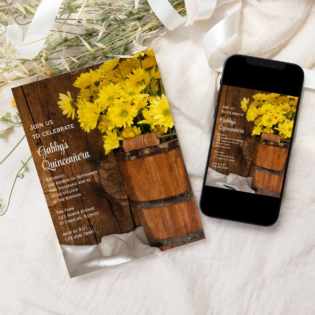 Invitación Cubo de madera y Fiesta de Daisies Amarillos Quinc (Subido por el creador)