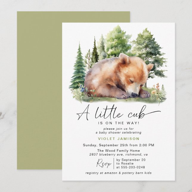 Invitación Cubo de oso forestal | Neutral Woodland Baby Showe (Anverso / Reverso)