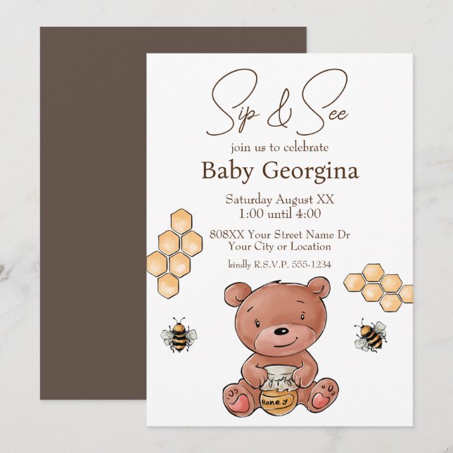 Invitación Cubo de oso y bebe de miel Sip y ver (Anverso / Reverso)