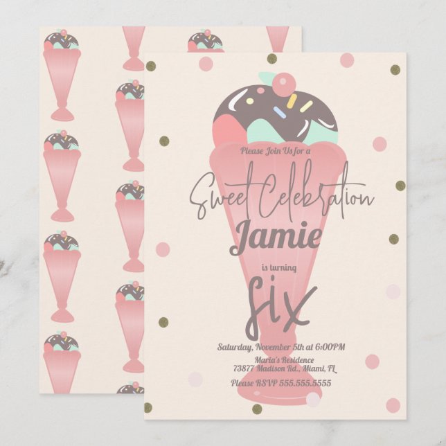 Invitación Cucharada de Sundae de Confeti de Helado Retro (Anverso / Reverso)