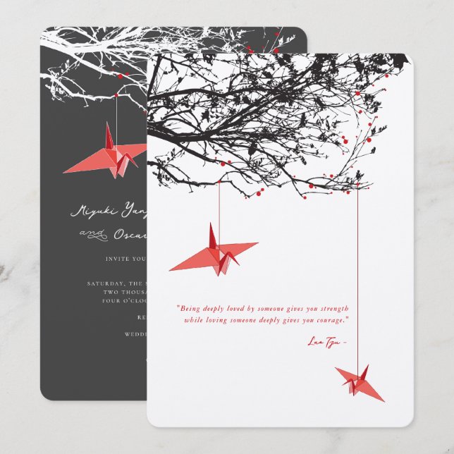 Invitación Cuelgan las grullas de papel rojo para citar a Bod (Anverso / Reverso)