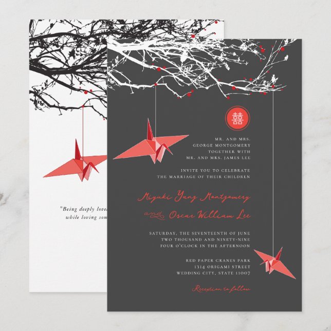 Invitación Cuelgan las grullas de papel rojo para citar a Bod (Anverso / Reverso)