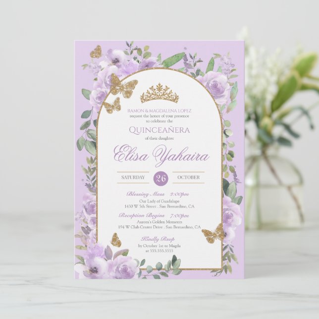 Invitación Cuello de agua morado claro Mariposa dorada Quince (Anverso de pie)