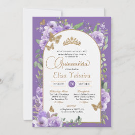 Invitación Cuello de agua Morado y Mariposa de Oro Quinceañer