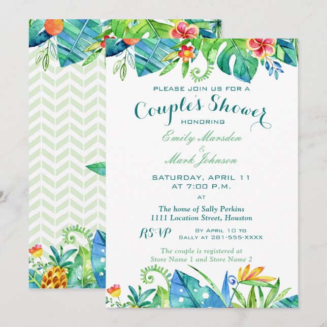 Invitación Cuello de agua tropical Ducha de Parejas Florales (Anverso / Reverso)