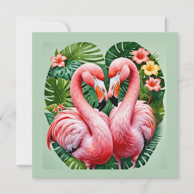 Invitación cuello flamencos corazón rosado flamingo amor trop (Anverso)