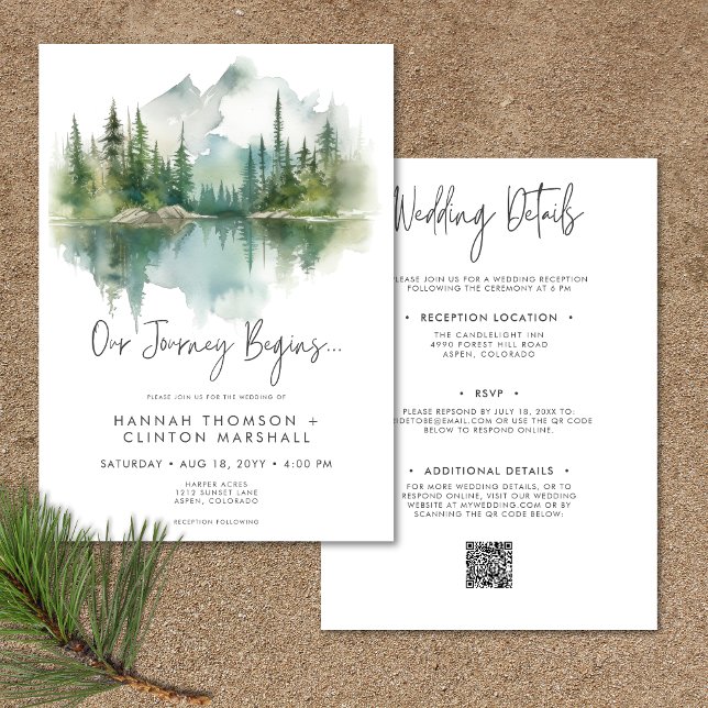 Invitación Cuenca del Lago Rústico de Montaña de dos lados (Rustic Mountain Lake Scene Watercolor Two-Sided Invitation)