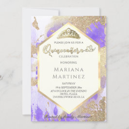 Invitación Cuenca geométrica de color oro violeta Quinceañera