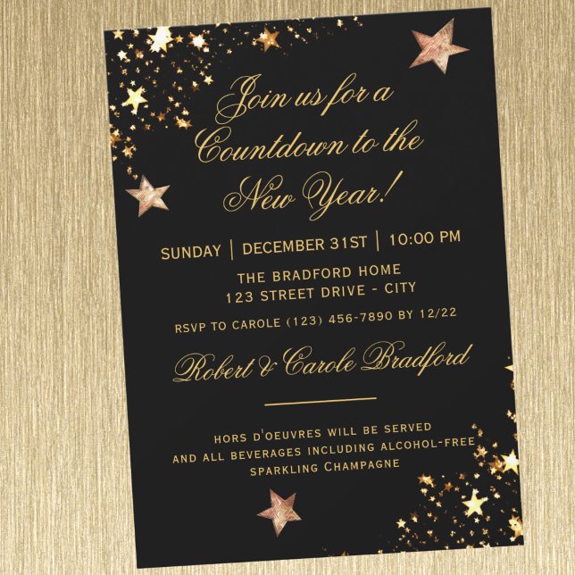 Invitación Cuenta regresiva Año Nuevo Fiesta, Oro Negro (Subido por el creador)