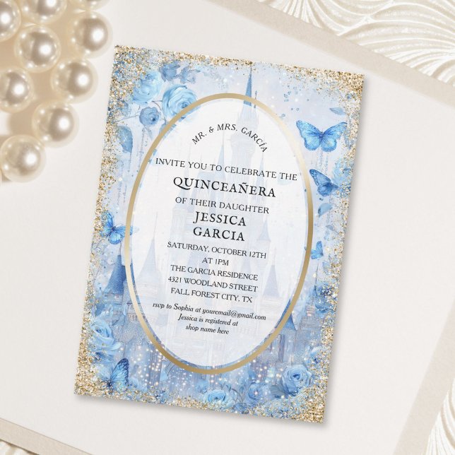 Invitación Cuento de Hadas Bosque Encantado Castillo Quinceañ (Fairytale Enchanted Forest Castle Quinceañera Invitation)