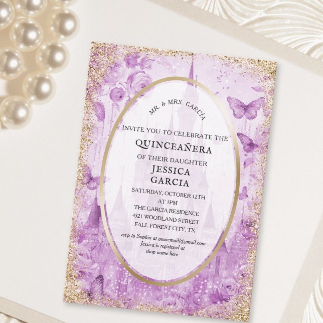 Invitación Cuento de Hadas Bosque Encantado Castillo Quinceañ (Fairytale Enchanted Forest Castle Quinceañera Invitation)