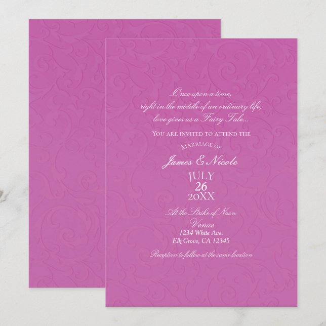 Invitación Cuento de Hadas Damasco Rosa Princesa Berry Boda (Anverso / Reverso)