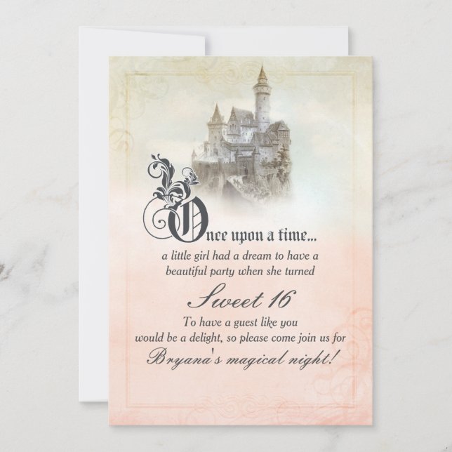 Invitación Cuento de Hadas de Ensueño Rosa Castillo Libro Dul (Anverso)