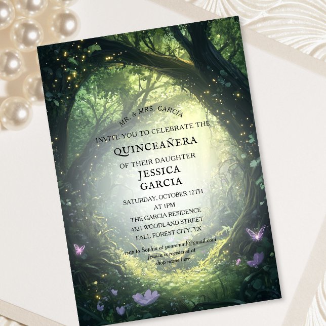 Invitación Cuento de Hadas de Verano Bosque Encantado Quincea (Summer Fairy Tale Enchanted Forest Quinceañera Invitation)