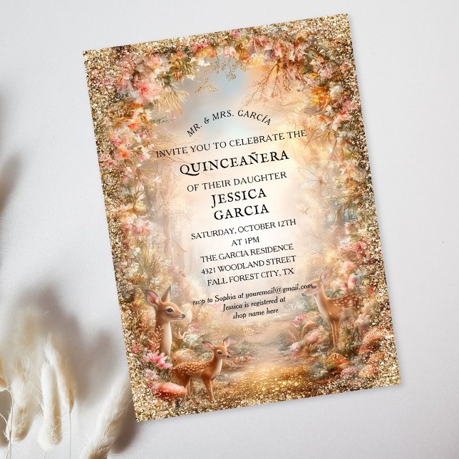 Invitación Cuento de Hadas de Verano Bosque Encantado Quincea (Summer Fairy Tale Enchanted Forest Quinceañera Invitation)