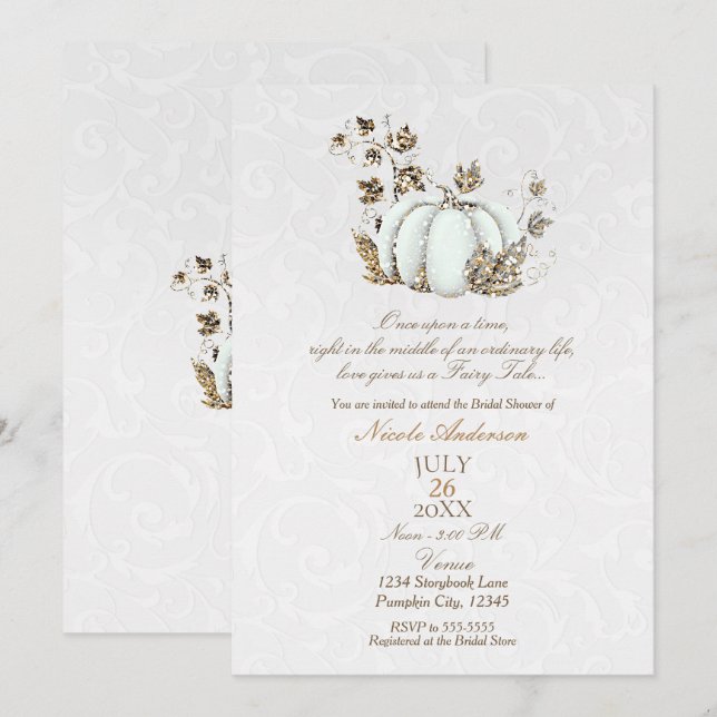 Invitación Cuento de Hadas Dorado Blanco Calabaza Novia (Anverso / Reverso)